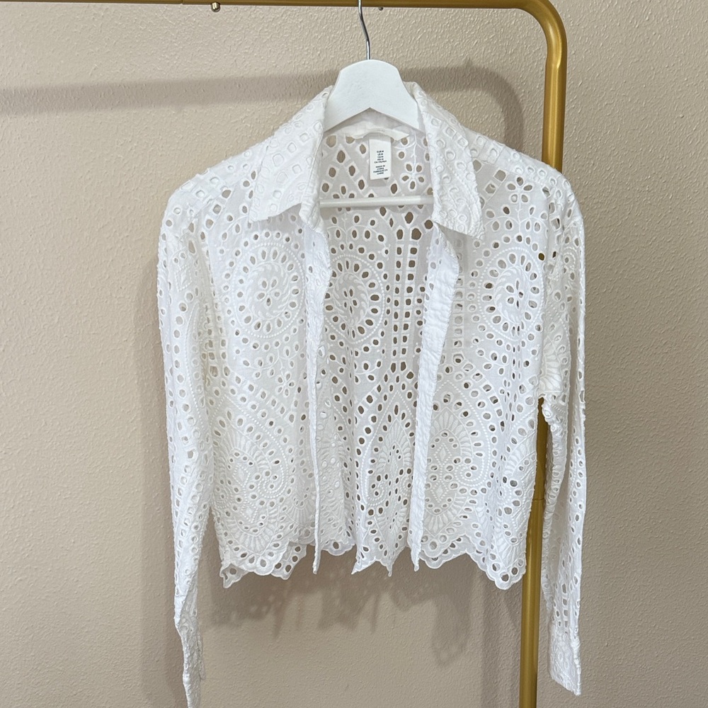 H&M White Eyelet Lace Button Down Shirt